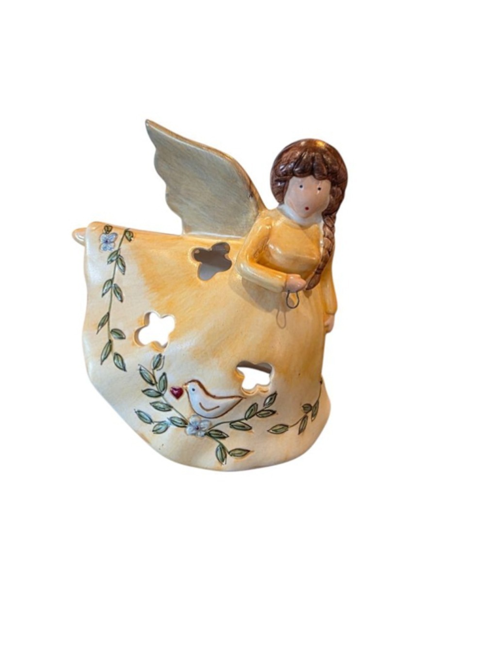 Russ Berrie Angel Fairy Lamp. Yellow Dress Flowers Birds Tea Light Christmas